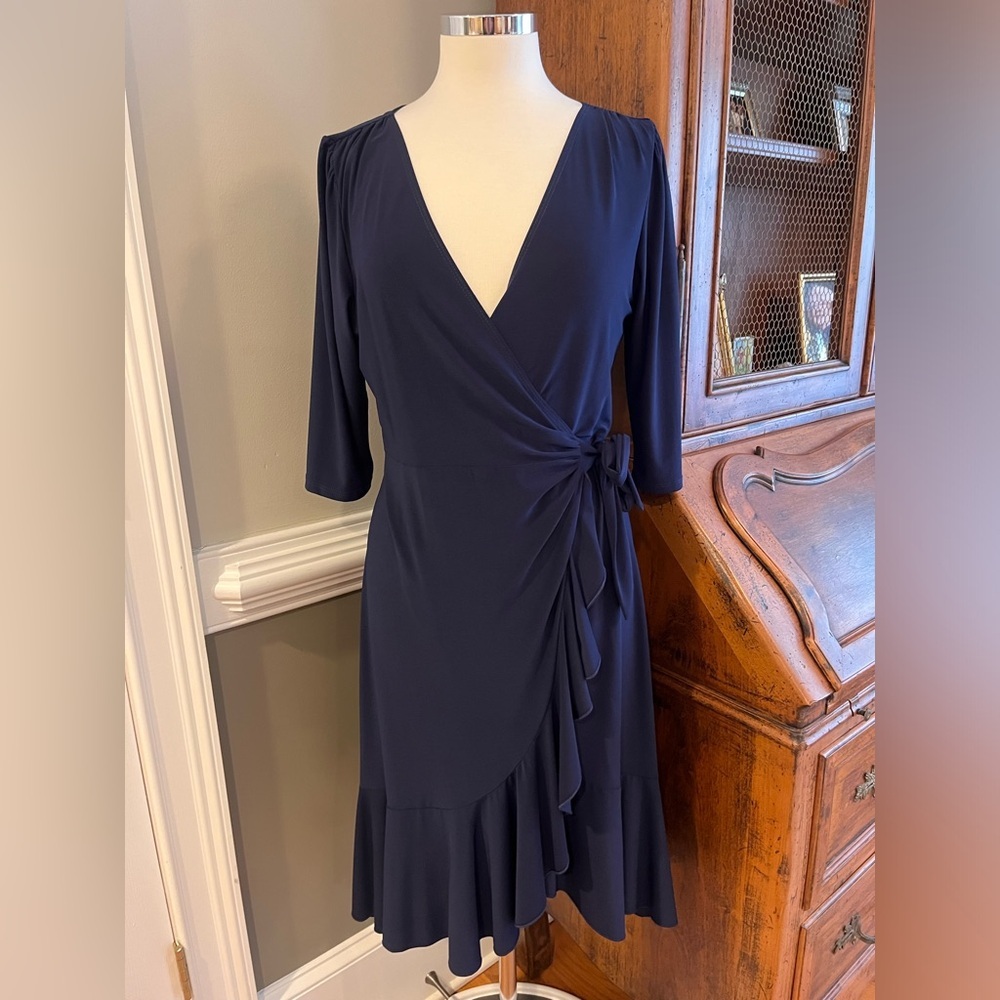 Kiyonna Plus Size Whimsy Ruffled Midi Wrap Dress with 3/4 Sleeves - Picture 4 of 10